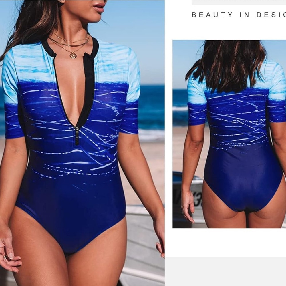 ROSKIKI ZIP FRONT SWIM SUIT PLUS SIZE 2X WOMENS ONE PIECE OCEAN BLUE RASHGUARD